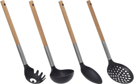 5five Keukengerei opscheplepels set - 4x - zwart/lichtbruin - hout/rvs/kunststof - 32 cm