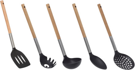 5five Keukengerei opscheplepels/spatels set - 5x - zwart/lichtbruin - hout/rvs/kunststof - 32 cm