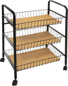 5five Keukentrolley - zwart/bamboe 3-laags - D39 x B52 x H70 cm - hout/metaal - Opberg trolley