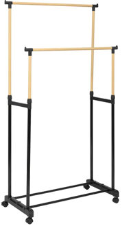 5five Kledingrek met dubbele stang - kunststof/metaal - zwart/naturel - 86 x 42 x 165 cm - zwenkwielen