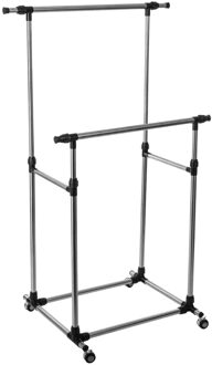 5five Kledingrek met dubbele stang - kunststof/metaal - zwart/zilver - 150 x 66 x 166 cm - zwenkwielen