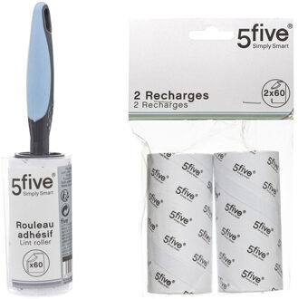 5five Kledingroller - kleefroller - 60 vellen - 2 extra rollen - grijs/blauw - pluizenverwijderaar