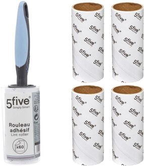 5five Kledingroller - kleefroller - 60 vellen - 4 extra rollen - grijs/blauw - pluizenverwijderaar