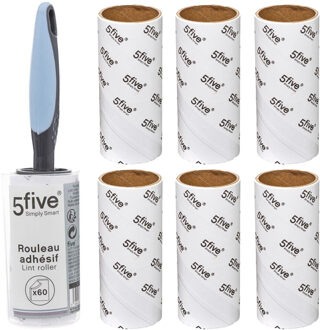 5five Kledingroller - kleefroller - 60 vellen - 6 extra rollen - grijs/blauw - pluizenverwijderaar