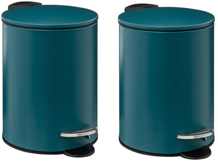 5five kleine pedaalemmer - 2x - metaal - blauw - 3L - 16 x 25 cm - Badkamer/toilet - Pedaalemmers