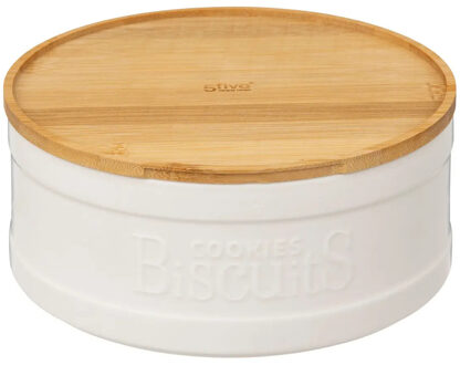 5five koektrommel/voorraadblik Biscuits - keramiek - met bamboe deksel - wit/beige - 23 x 10 cm - Voorraadblikken