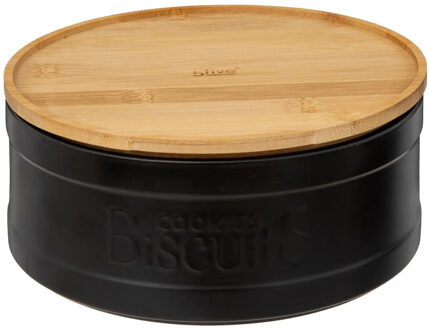 5five koektrommel/voorraadblik Biscuits - keramiek - met bamboe deksel - zwart/beige - 23 x 10 cm