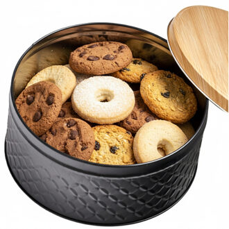 5five Koektrommel voorraadblik - zwart - 20 x 10 cm - 4 liter - bewaarblik met houtnerf look deksel