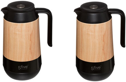 5five Koffie/thee thermoskan/isoleerkan - 2x stuks - 1 liter - houtlook - Isoleerkannen