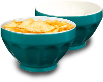 5five Kommetjes/soepkommen schaaltjes - 2x - Colorama - keramiek - D14 x H9 cm - aqua blauw - Stapelbaar