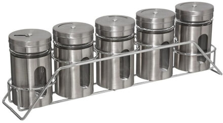 5five Kruidenrekje met 5 kruidenpotjes - 28 cm - RVS - Keukenkruiden potjes - Kruiden bewaren