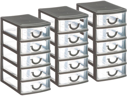 5five Ladeblokje/bureau organizer 3x lades - grijs/transparant - L12 x B15 x H25 cm - kunststof