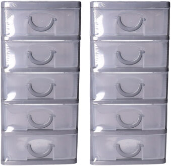 5five Ladeblokje kunststof met 5 lades - 2x - transparant/grijs - 9 x 13 x 19 cm - opberglades