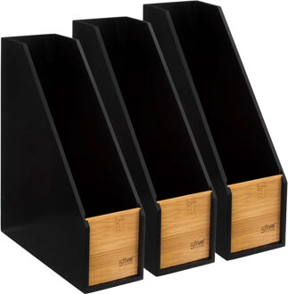 5five lectuurbak/tijdschriften cassette - 3x - zwart/bruin - B9 x D25 x H30 cm - hout