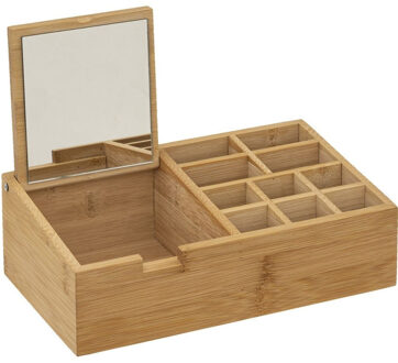 5five Make-up/nagellak organizer 11 vakken met spiegel rechthoek 24,5 x 8 cm van bamboe - Make-up dozen Bruin