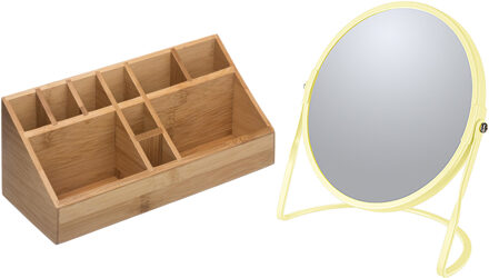 5five Make-up organizer en spiegel set - 10x vakjes - bamboe/metaal - 5x zoom spiegel