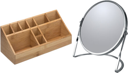 5five Make-up organizer en spiegel set - 10x vakjes - bamboe/metaal - 5x zoom spiegel