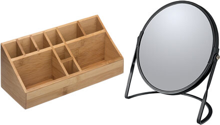 5five Make-up organizer en spiegel set - 10x vakjes - bamboe/metaal - 5x zoom spiegel