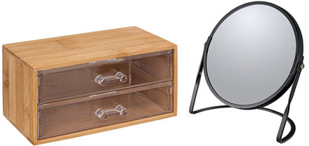 5five Make-up organizer en spiegel set - 2 lades - bamboe/kunststof - 5x zoom spiegel