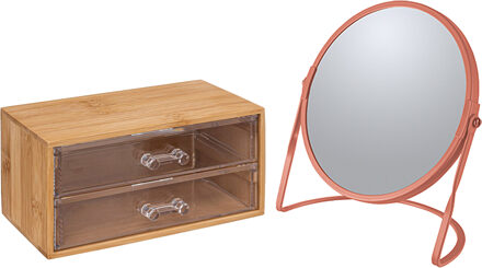 5five Make-up organizer en spiegel set - 2 lades - bamboe/kunststof - 5x zoom spiegel