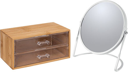 5five Make-up organizer en spiegel set - 2 lades - bamboe/kunststof - 5x zoom spiegel
