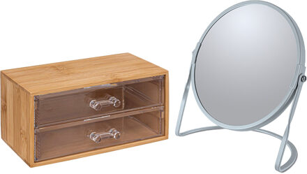 5five Make-up organizer en spiegel set - 2 lades - bamboe/kunststof - 5x zoom spiegel