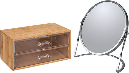5five Make-up organizer en spiegel set - 2 lades - bamboe/kunststof - 5x zoom spiegel
