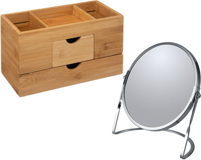 5five Make-up organizer en spiegel set - lades/vakjes - bamboe/metaal - 5x zoom spiegel