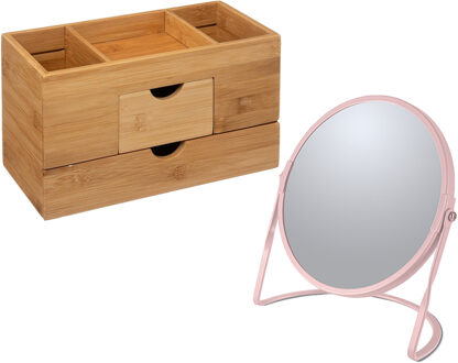 5five Make-up organizer en spiegel set - lades/vakjes - bamboe/metaal - 5x zoom spiegel