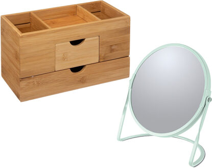 5five Make-up organizer en spiegel set - lades/vakjes - bamboe/metaal - 5x zoom spiegel