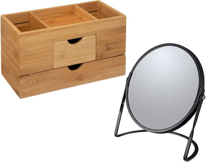 5five Make-up organizer en spiegel set - lades/vakjes - bamboe/metaal - 5x zoom spiegel
