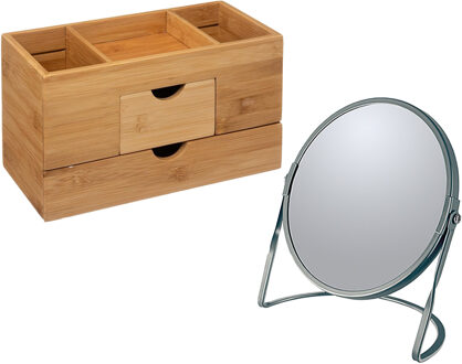 5five Make-up organizer en spiegel set - lades/vakjes - bamboe/metaal - 5x zoom spiegel