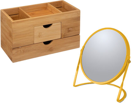 5five Make-up organizer en spiegel set - lades/vakjes - bamboe/metaal - 5x zoom spiegel