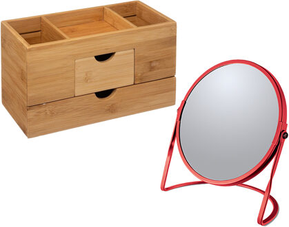 5five Make-up organizer en spiegel set - lades/vakjes - bamboe/metaal - 5x zoom spiegel