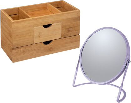 5five Make-up organizer en spiegel set - lades/vakjes - bamboe/metaal - 5x zoom spiegel