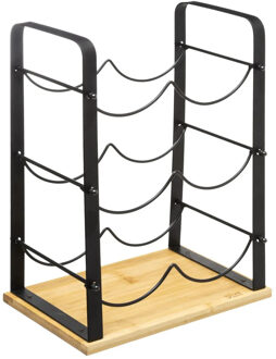 5five Metalen/bamboe flessenrek/wijnrek voor 6 flessen 25,5 x 17 x 38 cm zwart