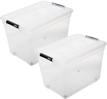 5five opberg kist met deksel - 2x - Box - 100 liter - 67 x 48 x 46 cm - kunststof - transparant