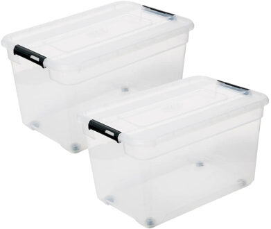 5five opberg kist met deksel - 2x - Box - 52 liter - 58 x 39 x 34 cm - kunststof - transparant