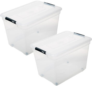 5five opberg kist met deksel - 2x - Box - 80 liter - 67 x 47 x 36 cm - kunststof - transparant