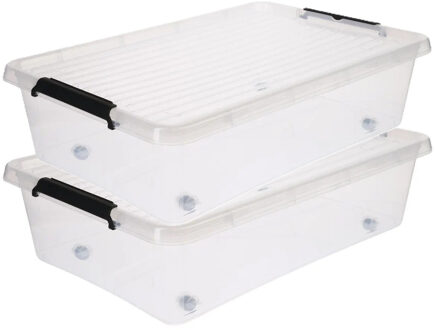 5five opberg kist met deksel - 2x - Clip Box - 29 liter - 39 x 39 x 26 cm - kunststof - transparant
