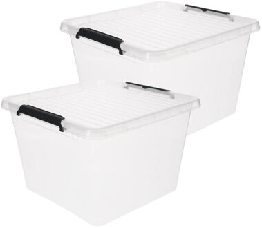 5five opberg kist met deksel - 2x - Clip Box - 32 liter - 39 x 39 x 26 cm - kunststof - transparant