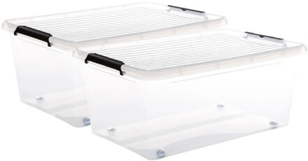 5five opberg kist met deksel - 2x - Clip Box - 40 liter - 58 x 39 x 25 cm - kunststof - transparant