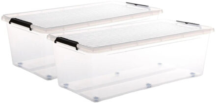 5five opberg kist met deksel - 2x - Clip Box - 55 liter - 76 x 39 x 25 cm - kunststof - transparant