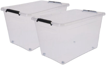 5five opberg kist met deksel - 2x - Clip Box - 60 liter - 58 x 39 x 35 cm - kunststof - transparant