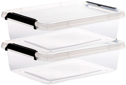 5five opberg kist met deksel - 2x - Clip Box - 8,5 liter - 39 x 29 x 12 cm - kunststof - transparant