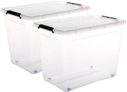 5five opberg kist met deksel - 2x - Clip Box - 80 liter - 58 x 39 x 43 cm - kunststof - transparant