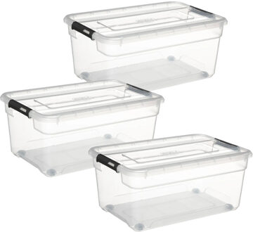 5five opberg kist met deksel - 3x - Box - 40 liter - 58 x 39 x 26 cm - kunststof - transparant
