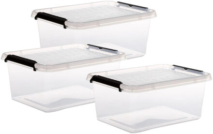 5five opberg kist met deksel - 3x - Clip Box - 12,5 liter - 39 x 29 x 17 cm - kunststof - transparan