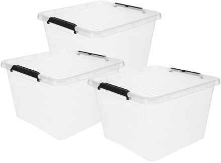 5five opberg kist met deksel - 3x - Clip Box - 32 liter - 39 x 39 x 26 cm - kunststof - transparant