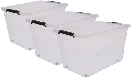 5five opberg kist met deksel - 3x - Clip Box - 60 liter - 58 x 39 x 35 cm - kunststof - transparant